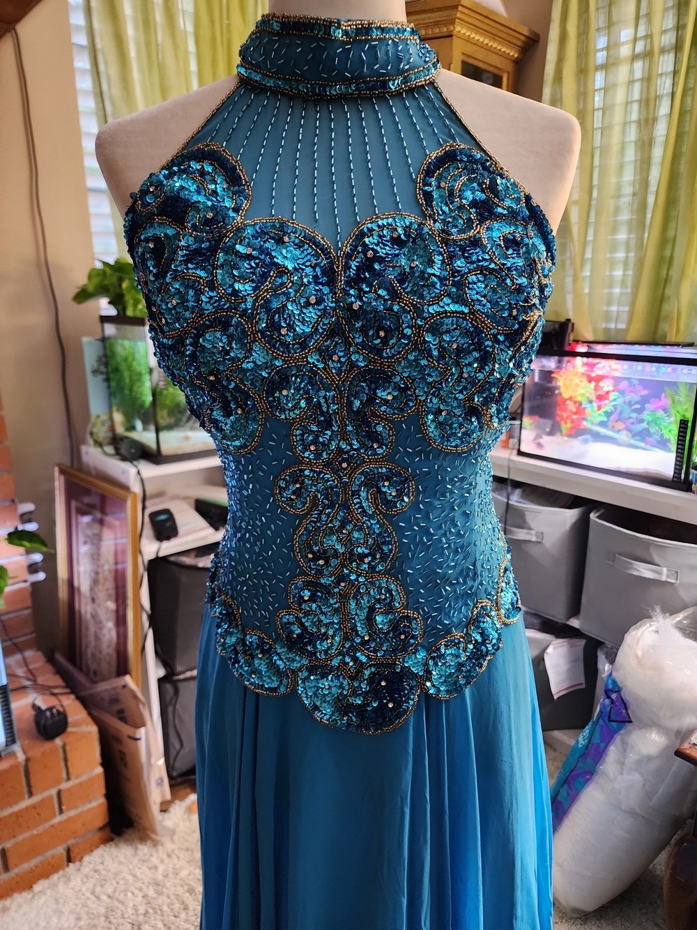 Beaded Halter Maxi Dress in Teal 12/14 - Picture 3 of 8